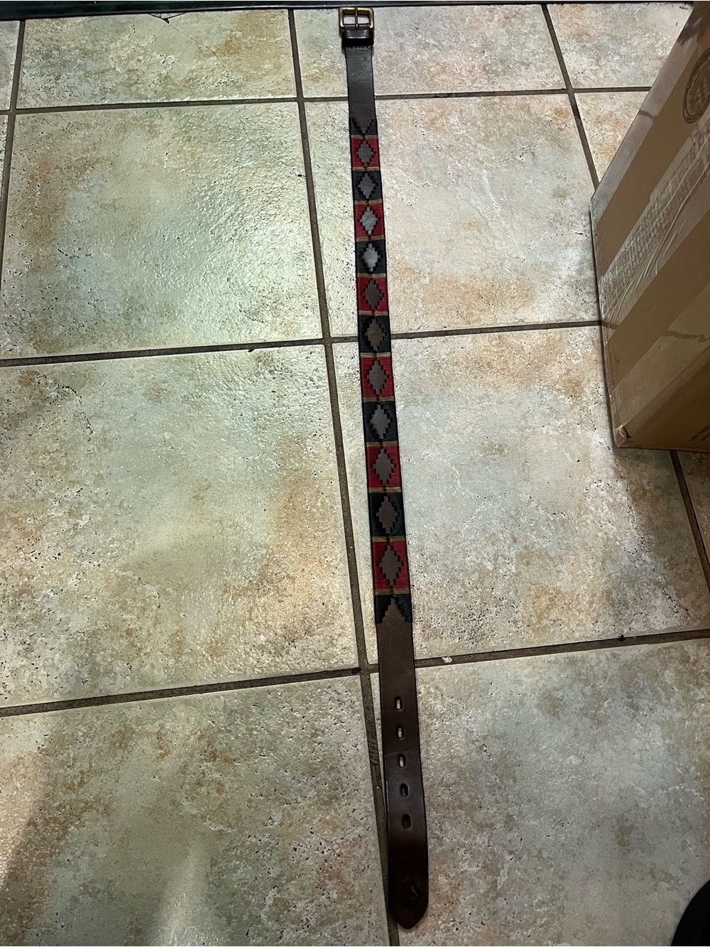 Luppi Brown Leather Belt with Red, Black & Gray Geometric Embroidery